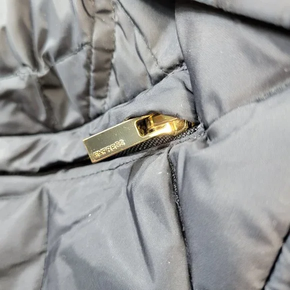 Express Coat Women's Size Medium Black Faux Fur Hood Down Filled Quilted - Picture 6 of 10